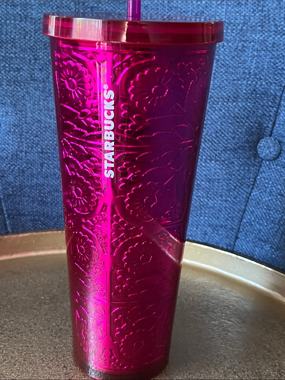 2017 Starbucks Embossed Tin Floral Metallic Pink Venti 24 oz Cold Cup Tumbler